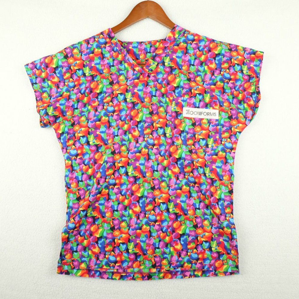 Zooniforms Womens Srub Top Extra Small Colorful Cats Psychedelic All Over Print